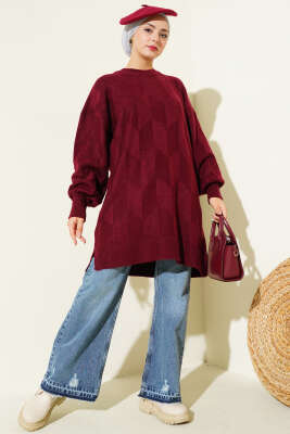 Bisiklet Yaka Yumoş Yan Yırtmaçlı Triko Tunik Bordo - Tunik