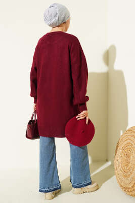 Bisiklet Yaka Yumoş Yan Yırtmaçlı Triko Tunik Bordo - Tunik