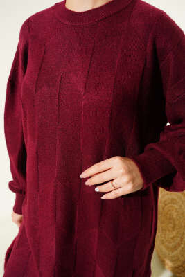 Bisiklet Yaka Yumoş Yan Yırtmaçlı Triko Tunik Bordo - Tunik