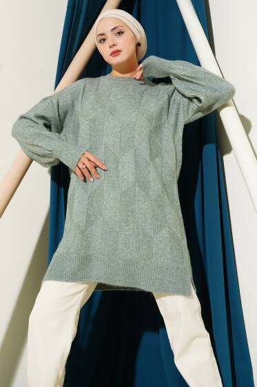 Bisiklet Yaka Yumoş Yan Yırtmaçlı Triko Tunik Çağla Yeşili - Tunik