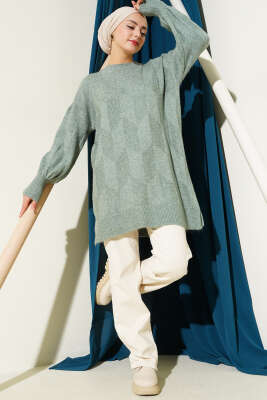 Bisiklet Yaka Yumoş Yan Yırtmaçlı Triko Tunik Çağla Yeşili - Tunik