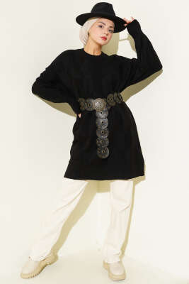 Bisiklet Yaka Yumoş Yan Yırtmaçlı Triko Tunik Siyah - Triko