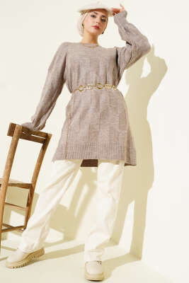 Bisiklet Yaka Yumoş Yan Yırtmaçlı Triko Tunik Vizon - Tunik