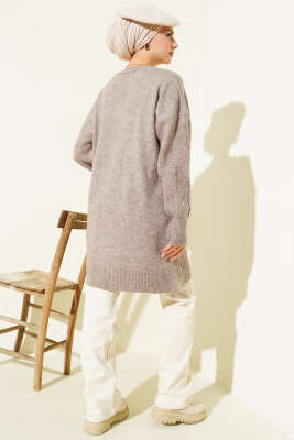 Bisiklet Yaka Yumoş Yan Yırtmaçlı Triko Tunik Vizon - Tunik