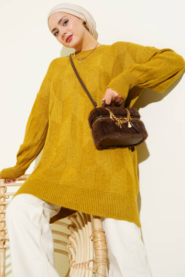 Bisiklet Yaka Yumoş Yan Yırtmaçlı Triko Tunik Yağ Yeşili - Tunik