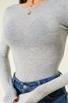 Bisiklet Yakalı Basic Body Gri - Kadın Uzun Kollu T-shirt