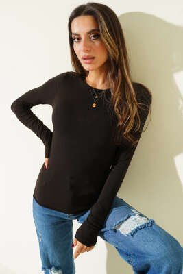 Bisiklet Yakalı Basic Body Kahve - Uzun Kollu Tişört