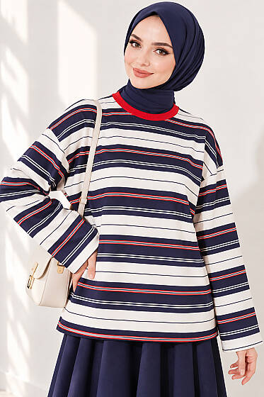 Bisiklet Yakalı Çizgili Tunik Lacivert - Tunik