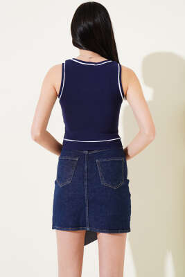 Biye Detaylı Askılı Kaşkorse Crop Lacivert - Kadın Giyim Modelleri