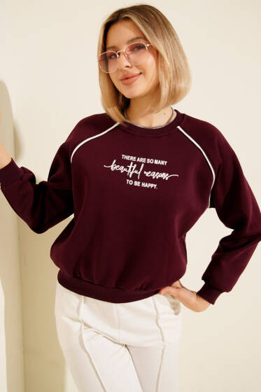 Biye Detaylı Baskılı Üç İplik Sweatshirt Mürdüm - Bluz