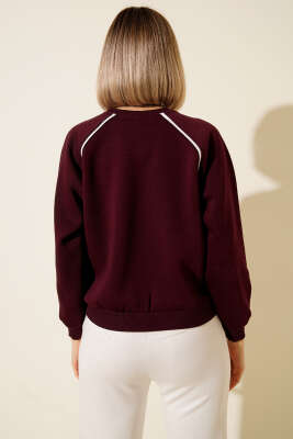 Biye Detaylı Baskılı Üç İplik Sweatshirt Mürdüm - Kadın Giyim Modelleri