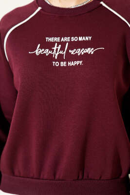 Biye Detaylı Baskılı Üç İplik Sweatshirt Mürdüm - Kadın Giyim Modelleri