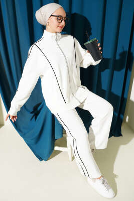 Biye Detaylı Fermuarlı Loyşa İkili Takım Ekru - İkili Takım