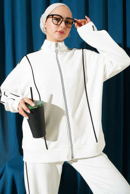 Biye Detaylı Fermuarlı Loyşa İkili Takım Ekru - İkili Takım