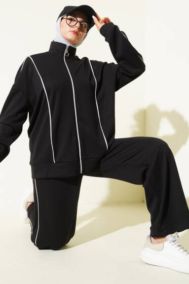 Biye Detaylı Fermuarlı Loyşa İkili Takım Siyah - İkili Takım