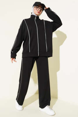 Biye Detaylı Fermuarlı Loyşa İkili Takım Siyah - İkili Takım