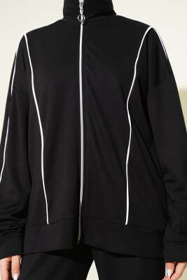 Biye Detaylı Fermuarlı Loyşa İkili Takım Siyah - İkili Takım