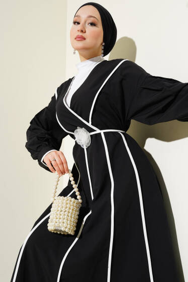 Biye Detaylı Gül Kuşaklı Poplin Elbise Siyah - Elbise