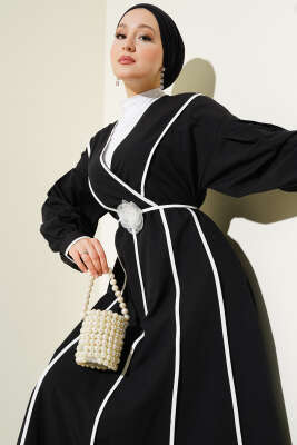 Biye Detaylı Gül Kuşaklı Poplin Elbise Siyah - Tesettür Elbise