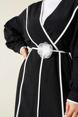 Biye Detaylı Gül Kuşaklı Poplin Elbise Siyah - Tesettür Elbise