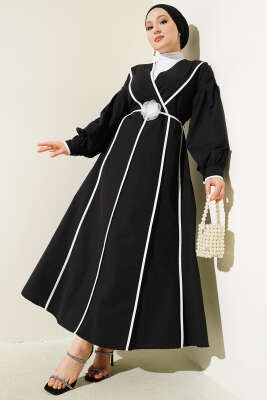 Biye Detaylı Gül Kuşaklı Poplin Elbise Siyah - Tesettür Elbise