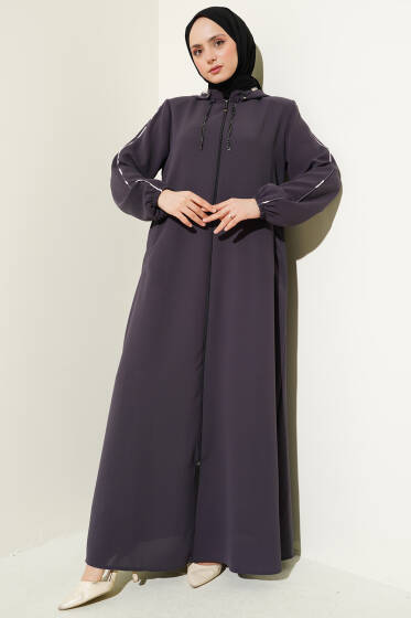 Biye Detaylı Kapüşonlu Büyük Beden Ferace Füme - Ferace