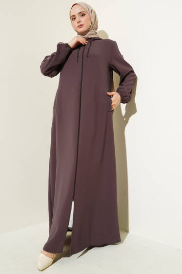 Biye Detaylı Kapüşonlu Büyük Beden Ferace Gül Kurusu - Ferace