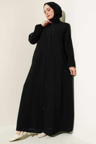 Biye Detaylı Kapüşonlu Büyük Beden Ferace Siyah - Ferace