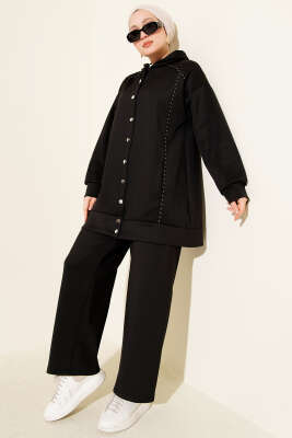 Biye Detaylı Kapüşonlu Scuba İkili Takım Siyah 