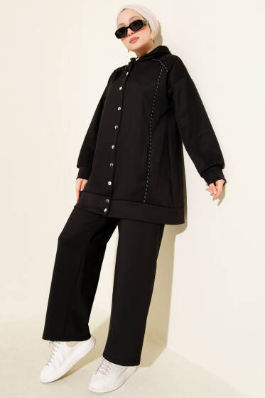 Biye Detaylı Kapüşonlu Scuba İkili Takım Siyah - Scuba Ürünler