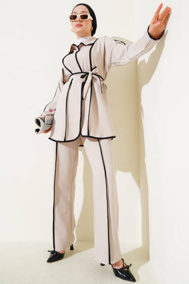 Biye Detaylı Kuşaklı Ceketli İkili Takım Bej - İkili Takım