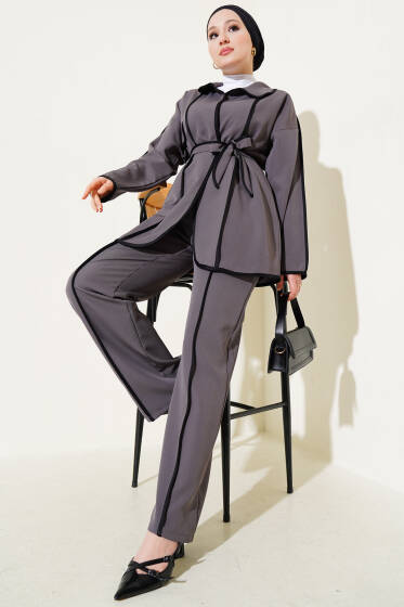 Biye Detaylı Kuşaklı Ceketli İkili Takım Füme - İkili Takım