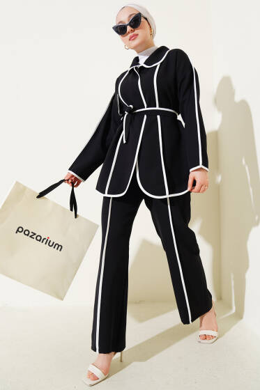 Biye Detaylı Kuşaklı Ceketli İkili Takım Siyah - İkili Takım