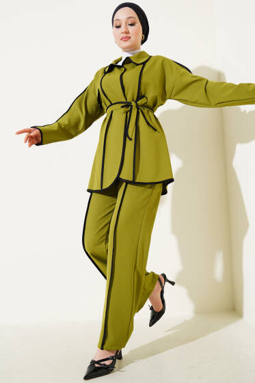Biye Detaylı Kuşaklı Ceketli İkili Takım Yağ Yeşili - İkili Takım