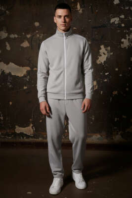 Biye Şeritli Fermuarlı Erkek Eşofman Takımı Gri - ERKEK İKİLİ TAKIM