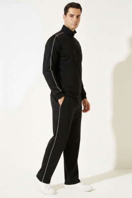 Biye Şeritli Fermuarlı Erkek Eşofman Takımı Siyah - DYNAMO