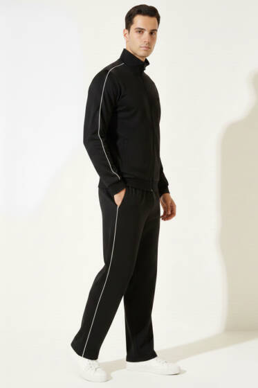 Biye Şeritli Fermuarlı Erkek Eşofman Takımı Siyah - ERKEK İKİLİ TAKIM