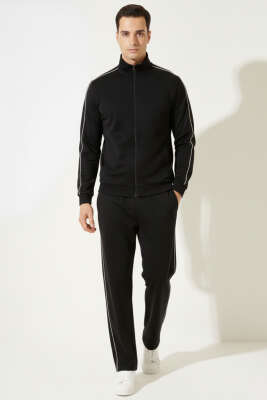 Biye Şeritli Fermuarlı Erkek Eşofman Takımı Siyah - ERKEK İKİLİ TAKIM