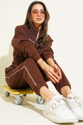 Biye Şeritli Hırkalı Üç İplik İkili Takım Kahve - Kadın Giyim Modelleri