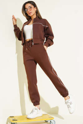 Biye Şeritli Hırkalı Üç İplik İkili Takım Kahve - Kadın Giyim Modelleri