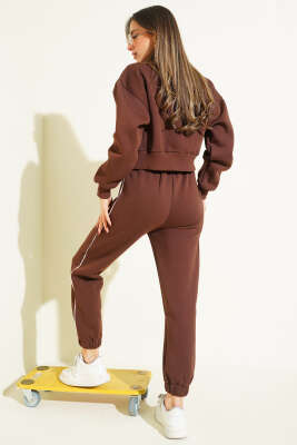 Biye Şeritli Hırkalı Üç İplik İkili Takım Kahve - Kadın Giyim Modelleri