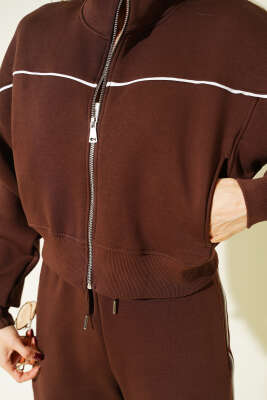 Biye Şeritli Hırkalı Üç İplik İkili Takım Kahve - Kadın Giyim Modelleri