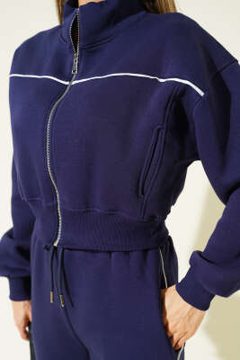 Biye Şeritli Hırkalı Üç İplik İkili Takım Lacivert - Kadın Giyim Modelleri