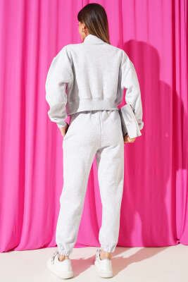 Biye Şeritli Hırkalı Üç İplik İkili Takım Melanj Gri - Kadın Giyim Modelleri