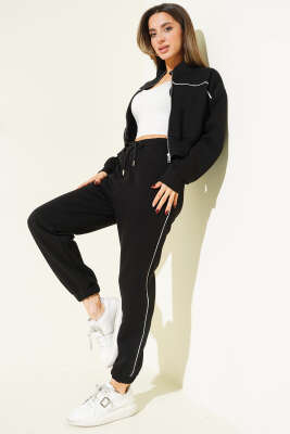 Biye Şeritli Hırkalı Üç İplik İkili Takım Siyah - DİVON