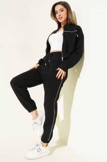 Biye Şeritli Hırkalı Üç İplik İkili Takım Siyah - Kadın Giyim Modelleri