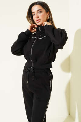 Biye Şeritli Hırkalı Üç İplik İkili Takım Siyah - Kadın Giyim Modelleri