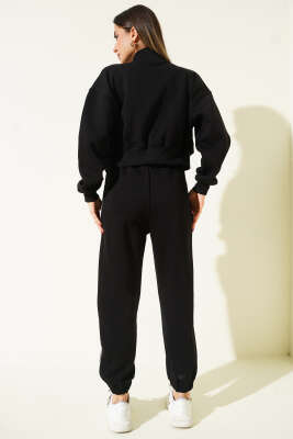 Biye Şeritli Hırkalı Üç İplik İkili Takım Siyah - Kadın Giyim Modelleri