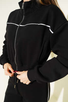 Biye Şeritli Hırkalı Üç İplik İkili Takım Siyah - Kadın Giyim Modelleri