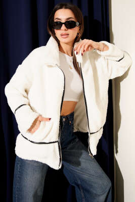 Biye Şeritli Peluş Mont Ekru - TİLLE